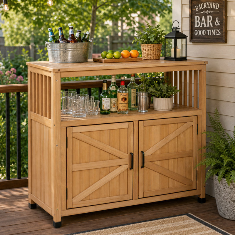 Armoire-bar d'extérieur en bois de cèdre de 42 po avec rangement et station de service, Brun