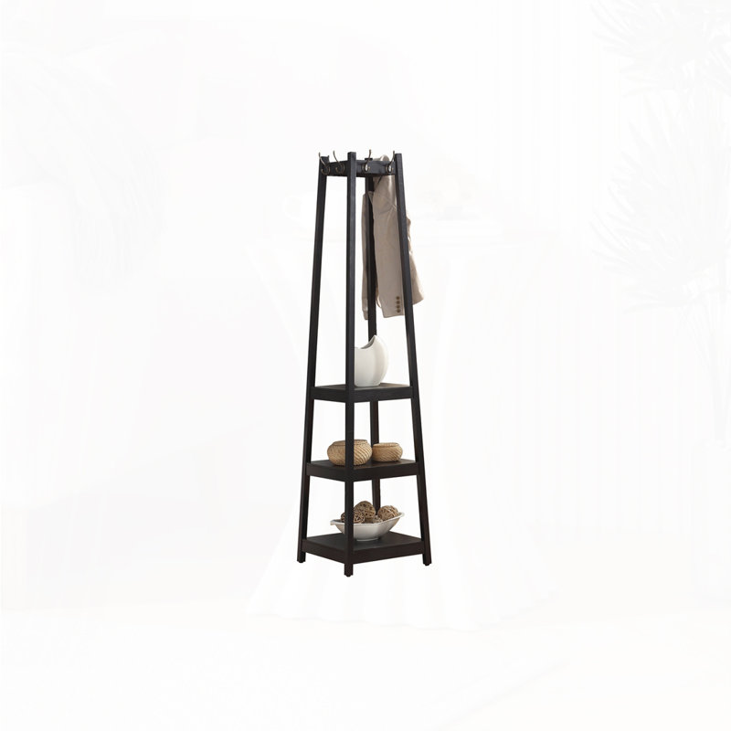 Coat Rack W/ 3-Tier Storage Shelves, Black