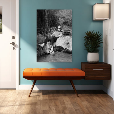 1950S Lazy Fisherman Lying Back On Rock With Hat Pulled Over Eyes Fishing In Creek Classic Retro Vintage Fish Wall Art