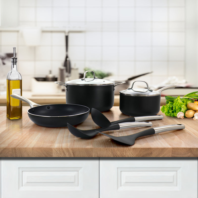 Black 8-Piece Aluminum Non-Stick Cookware Set with Stainless Steel Handles