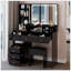 Grande table de coiffeuse avec tabouret rembourré, miroir DEL surdimensionné, éclairage tricolore et rangement multicouche-129911226