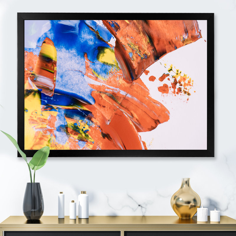 Abstrait abstrait orange et bleu II - art mural moderne sur toile, Cadre noir, H 8 po x l 12 po x P 1 po