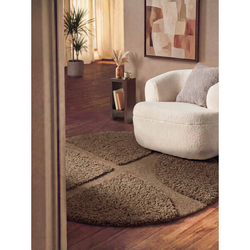 Geometric Hand Tufted Shag Area Rug, Brown, Round 150 cm