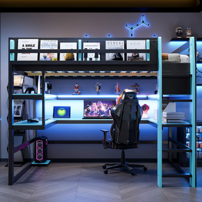 Lit mezzanine double bleu nuage avec bureau, support de rangement, tablettes, éclairage, charge et tablettes à deux niveaux pour une chambre à coucher remplie de technologie