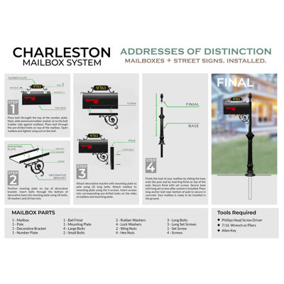 Charleston Post Mounted Mailbox with Personalized Number Plate
