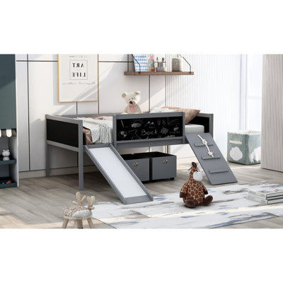 Lit mezzanine simple gris. Boîtes de rangement et plaisir d'escalade. Pin massif. Double tableau noir. Coffre-fort sécuritaire pour lit gris Morning Happiness. Avec et plaisir. Bois de pin durable. Satisfaction de la chambre à coucher