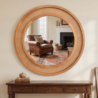 Miroir mural rond en bois de rotin brun jaunâtre de 24 pouces, parfait pour la décoration de maison de campagne et de bord de mer