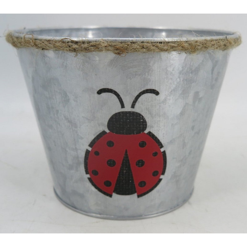 Small Silver Metal Planter with Ladybug and Rope Trim