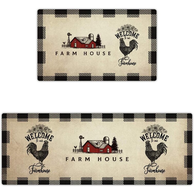 Farmhouse Kitchen Rugs Mat Set of 2 Buffalo Plaid Rooster Kitchen