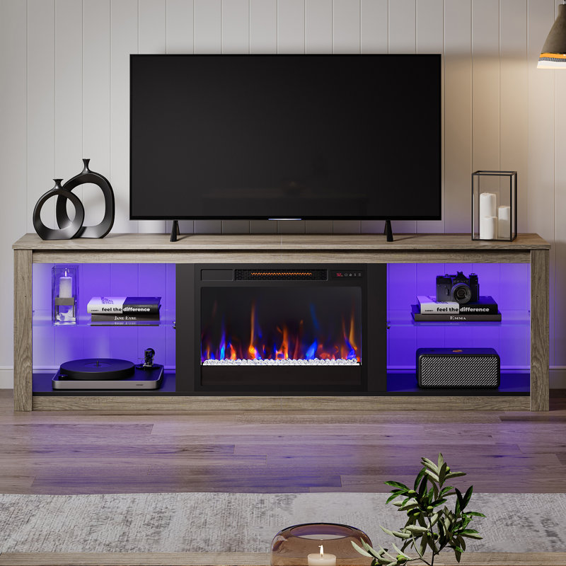 Kruszewski 70" TV Stand for TVs up to 75", Fireplace Included, Grey Wash