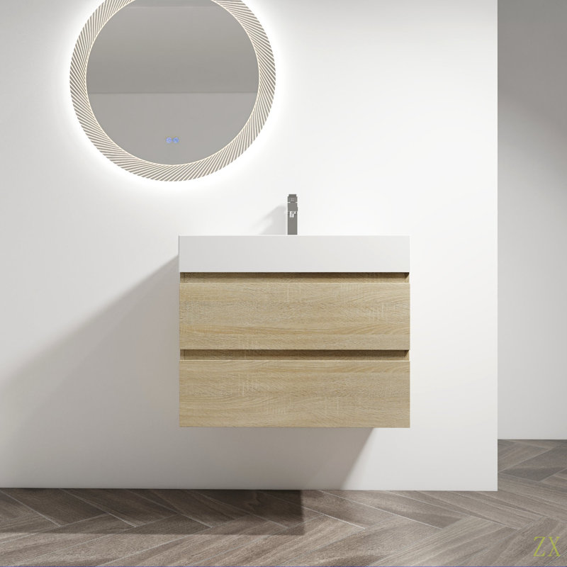 Meuble-lavabo mural 30 po avec lavabo en résine, 2 tiroirs à fermeture en douceur, ensemble KD, 30", Chêne clair