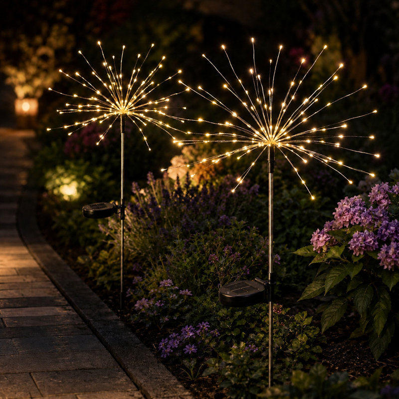 2 - Piece Solar Powered Firework Garden Stake Light Set with Warm White LED Lights, Warm White