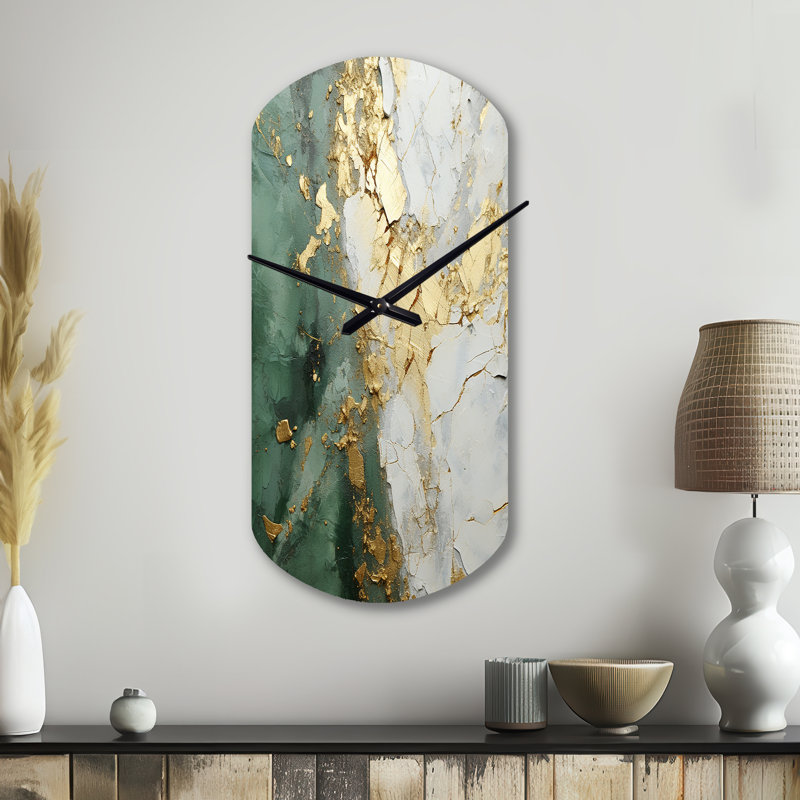 Or et vert peinture fusion - peinture abstraite horloge cylindrique en métal, horloge murale asymétrique moderne, Grand