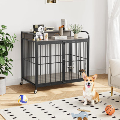 Meuble pour chien, cage pour chien avec mangeoire à hauteur réglable, conçu pour les petits chiens, doté de roulettes pivotantes à 360 degrés pour un déplacement facile