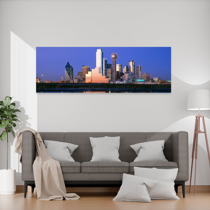 Nuit, paysage urbain, Dallas, Texas, États-Unis, art contemporain abstrait, art mural de la ville, 20" H x 60" W