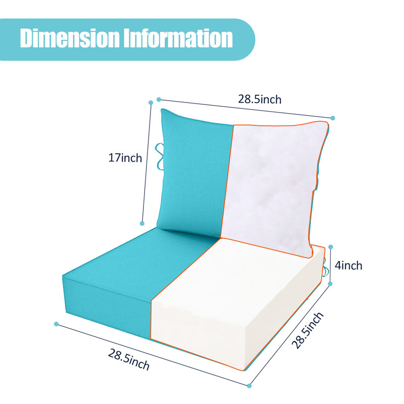 Fade Resistant Outdoor Chair Cushions Set Of 2, Deep Seat Patio Cushions 28.5 X 28.5 With Removable Cover, 28D High Resilience Foam Replacement Outdoor Seat Cushions With For Sofa, Adirondack Chair, Sectional,Lake Blue