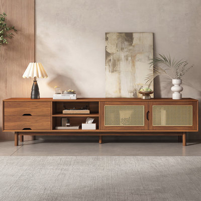 78 Inch TV Stand for TVs up to 85 inch, Media Console with 2 Drawers, Solid Wood Legs, Rattan Front Panels, Modern and Functional Entertainment Center