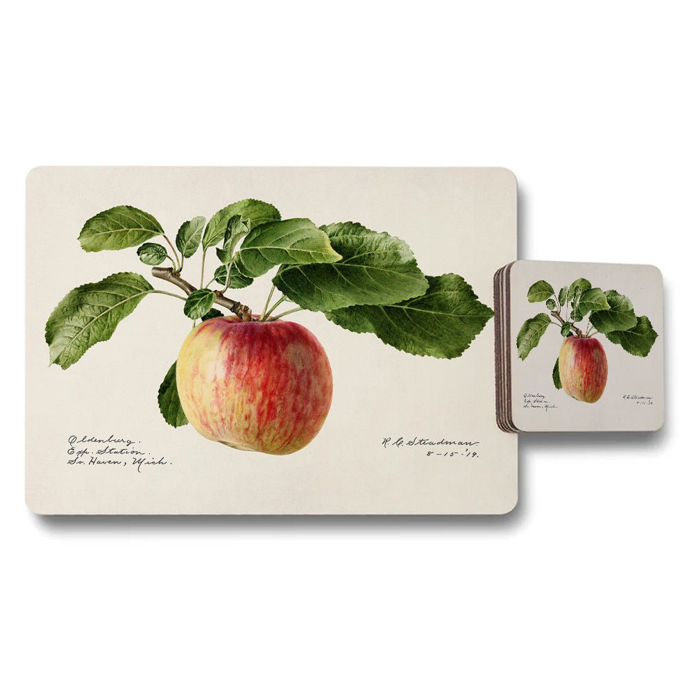 Apple Botanical Placemats And Coaster Set With Vintage Illustration