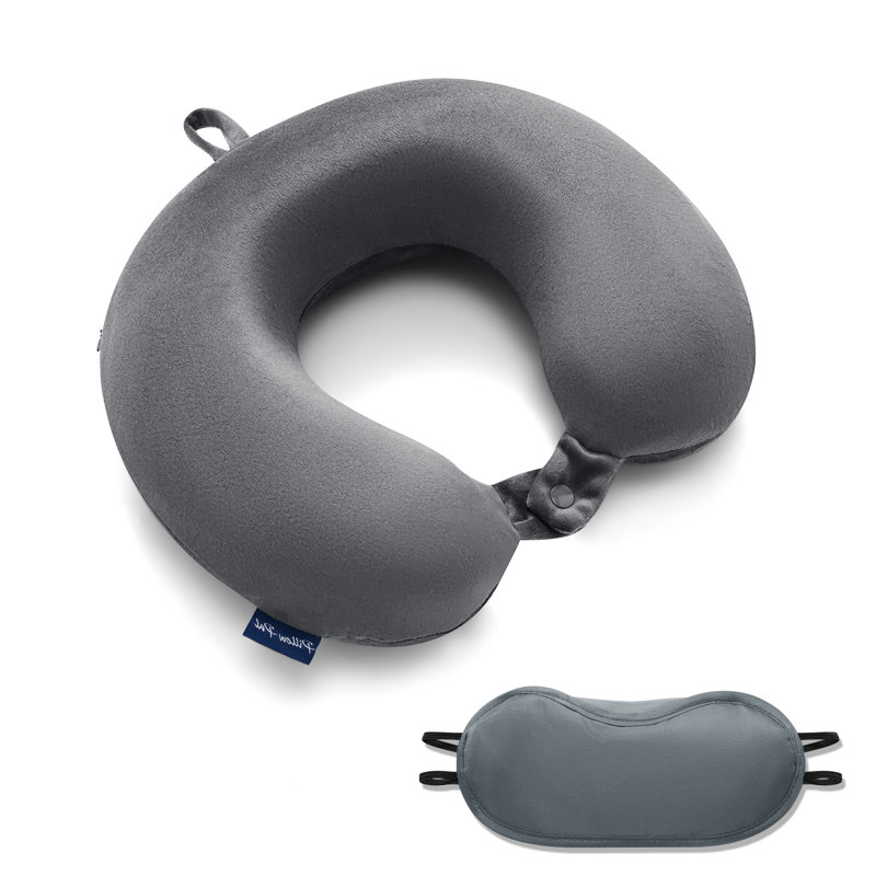 Memory Foam Neck Pillow with Breathable Cover & Eye Mask, Ergonomic Support for Travel, Work & Sleep Comfort, Grey