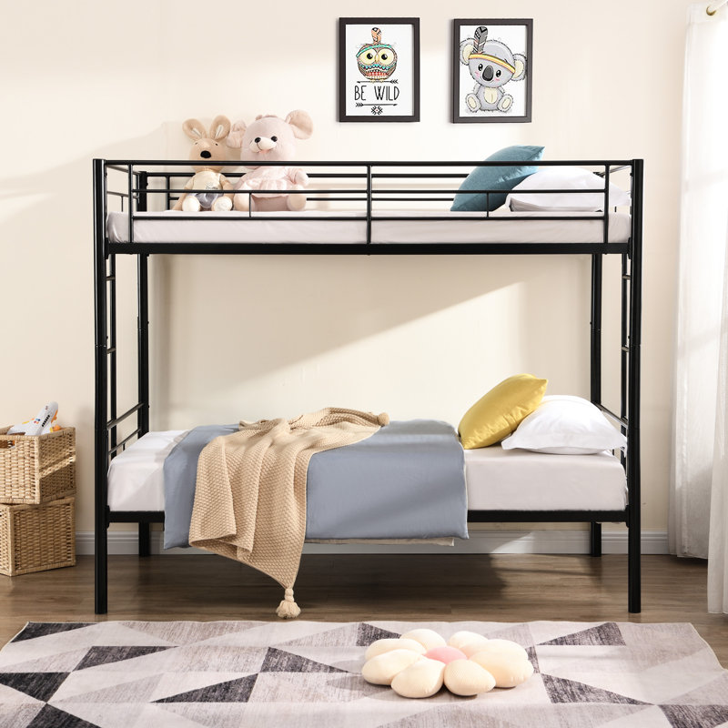Lit superposé simple au-dessus d'un lit simple en métal noir, style moderne pour le décor de la chambre à coucher, option peu encombrante et activité d'escalier silencieuse et sécuritaire, esthétique sans sommier, caractéristique,