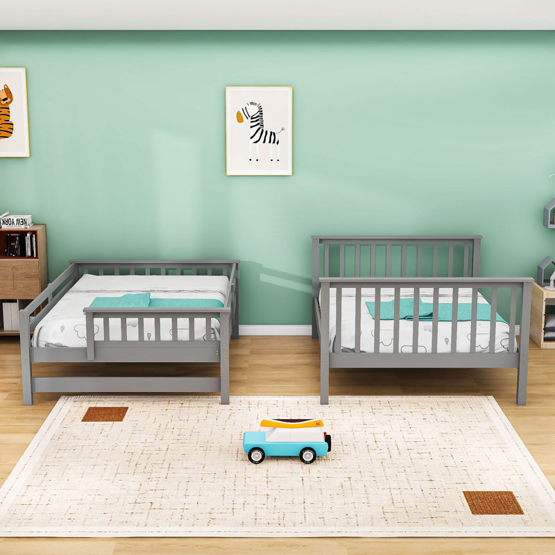 Lit superposé double en bois avec 6 tiroirs avec tablettes de rangement, gris