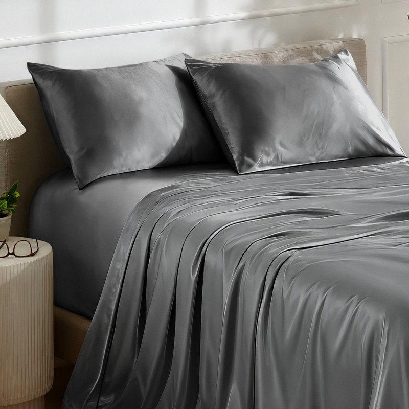 Ensemble de literie en satin, Ensemble de draps pour grand lit avec 2 taies d'or, gris