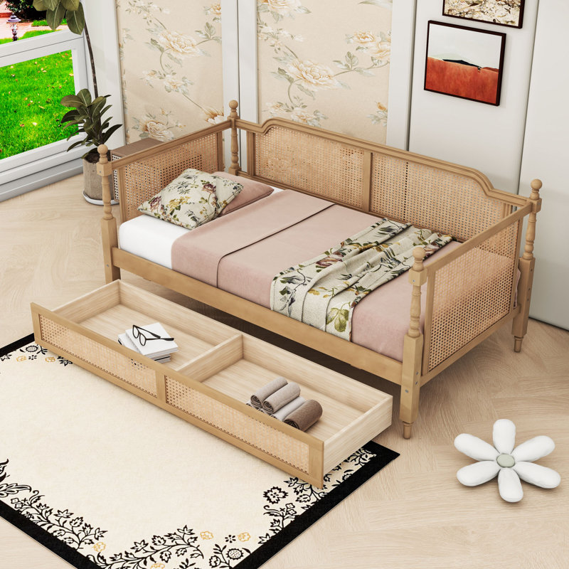 2 Drawers Rattan Wooden Daybed, Twin, Antique Walnut