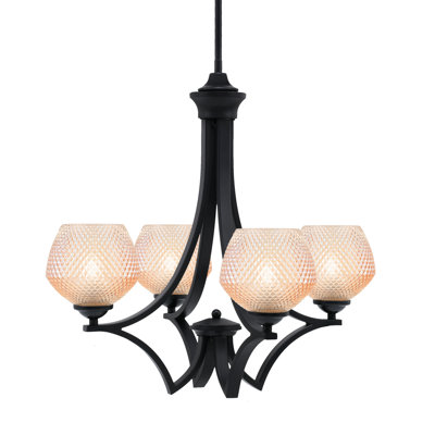 Zilo 4 Light Uplight Chandelier Shown In Matte Black Finish With 6" Amber Textured Glass