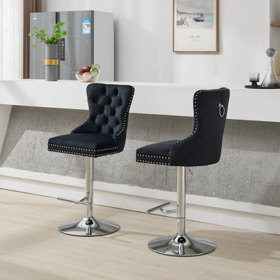 Thick Chrome Swivel Velvet Barstools,Adjustable 25-33"Height,Modern Upholstered With17.7" Base,Tufted Buttons&Diamond Pleating,Sponge&Spring Seat,For Home Pub&Kitchen Island(Set Of 2)