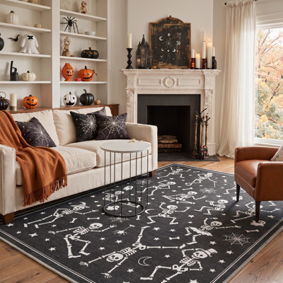 Tapis d'Halloween squelette dansant, noir et blanc, lavable à la machine, à poils courts, antidérapant