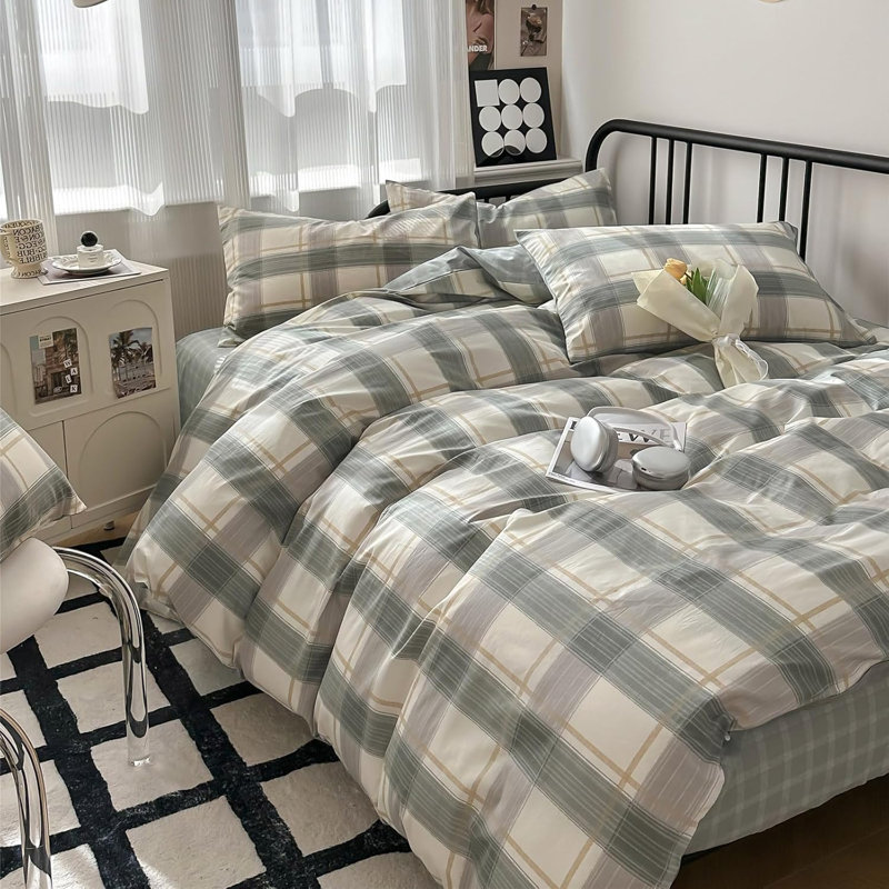 Modern Design 100% Cotton Duvet Cover Set, Green Plaid, Queen Duvet Cover + 2 Standard Pillowcases