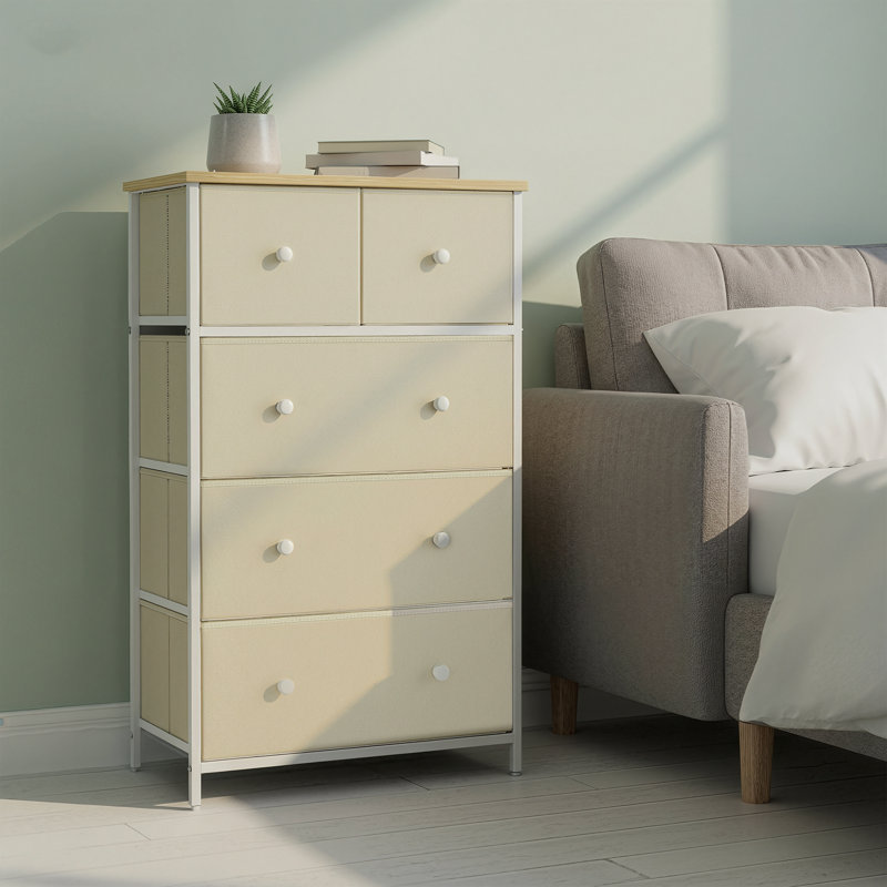 Commode à tiroirs, tour de rangement avec 5 tiroirs en tissu, commode, pour couloir, chambre à coucher, jaune chameau et blanc crème