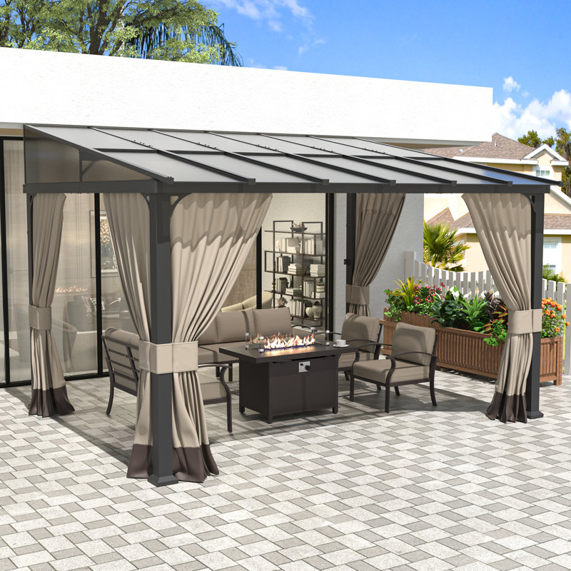 Modern Outdoor Slant-Top Hardtop Gazebo With Black Metal Frame And Curtains, 101.4" H x 146.1" W x 109.3" D