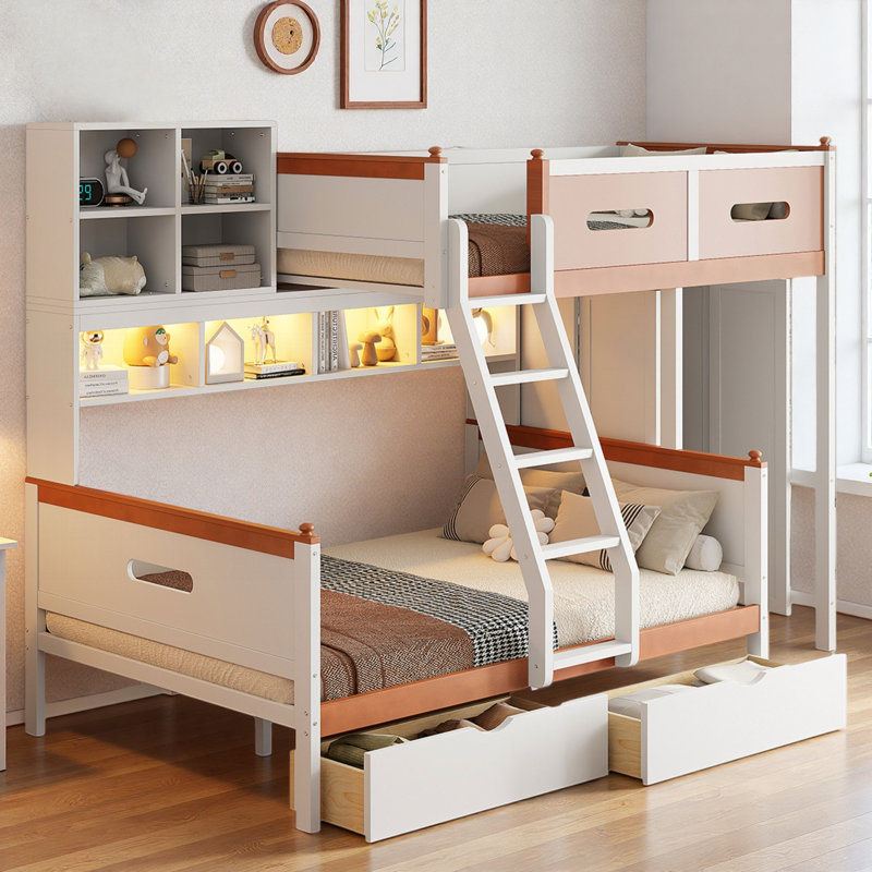Lit superposé en bois avec garde-robe, tiroirs, tablettes et éclairage à DEL