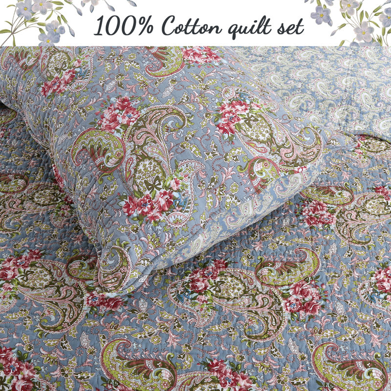 Floral Paisley Traditional Cotton Quilt, Queen Quilt + 2 Standard Shams