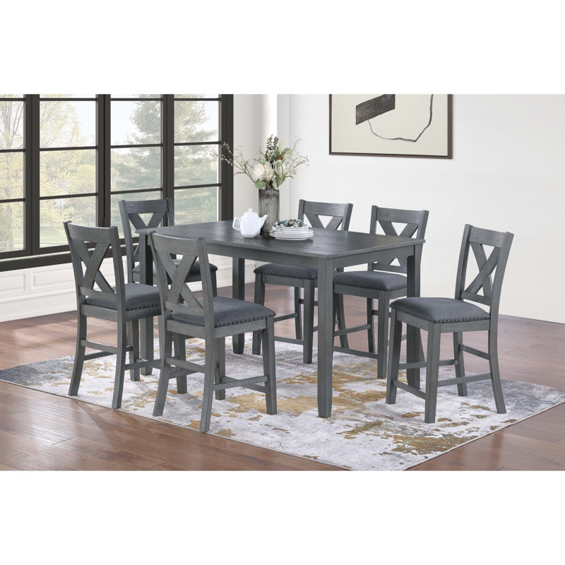 Table de salle à manger grise de style moderne 6X chaises 7Pcs ensemble de hauteur de comptoir Coussin siège clouté X-Cross dossier Mobilier de salle à manger