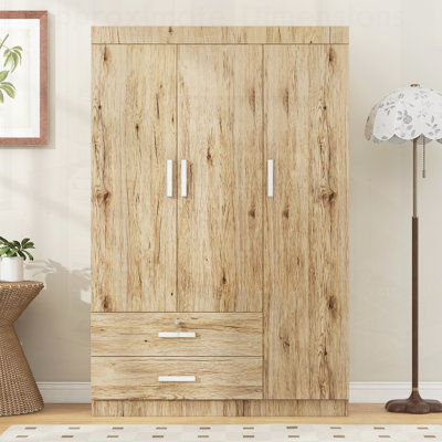 Armoire-penderie à trois portes avec 2 tiroirs et 2 tringles de suspension, parfaite pour les solutions de rangement organisées et élégantes.