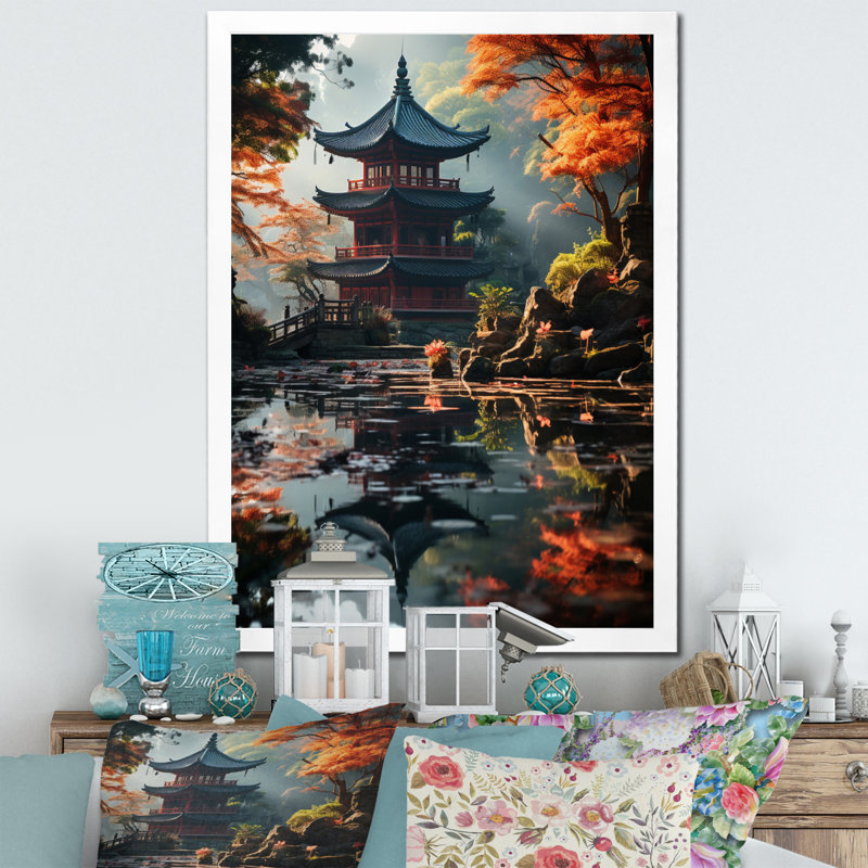 Teije, art asiatique, pagode sereine - impression, H 20 po x l 12 po x P 1 po, Impression blanche sur toile encadrée