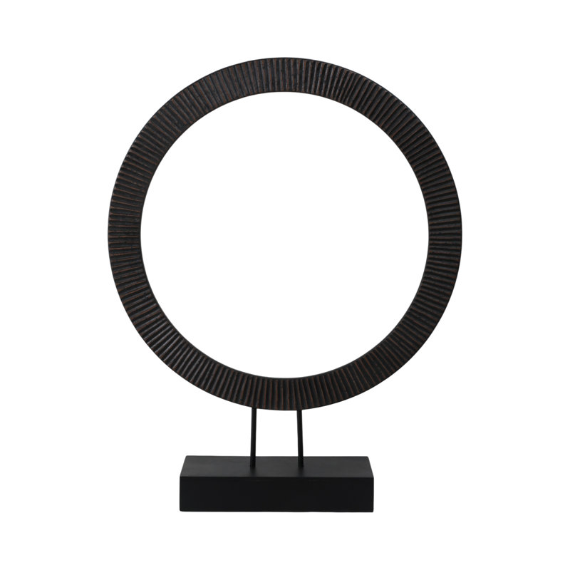 Modern Mango Wood and Iron Ring Sculpture on Rectangular Base Decorative Accent with Grooved Texture for Contemporary Display in Casual or Minimalist Settings, Sleek Freestanding Art Object