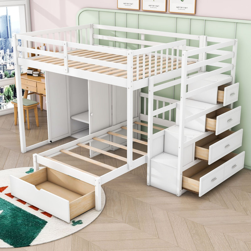  Lit superposé double Kalavati avec tiroirs de rangement et garde-robe, Blanc