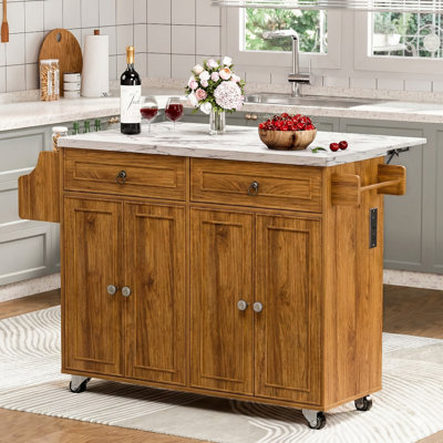 Chariot pour îlot de cuisine Farmhouse avec prise de courant et plateau de table pliable, îlot de cuisine roulant avec roues verrouillables, étagère à épices et armoires