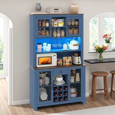 Armoire-bar Farmhouse avec portes, tiroir et étagère à vin, prises à DEL