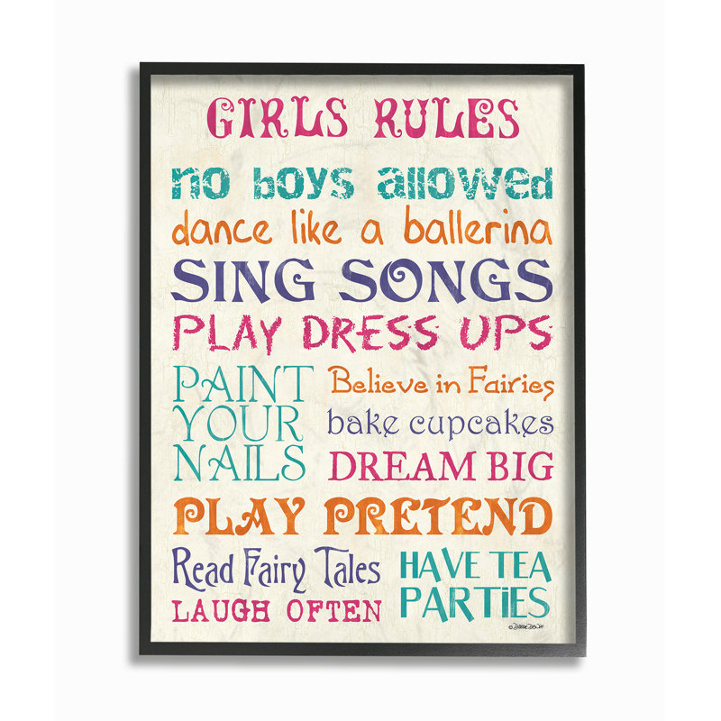 Cambra Girls Rules Letters, H 20 po x l 16 po x P 1,5 po, Giclée encadrée noir minuit