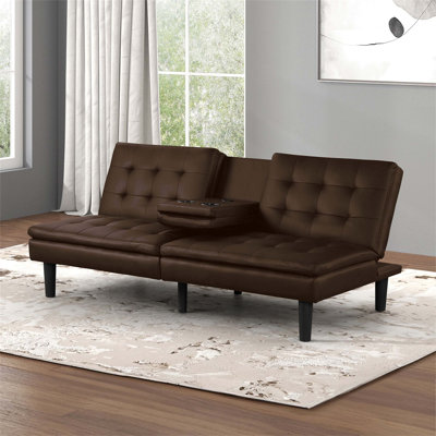 Contemporary Futon Sofa Bed with Biscuit Tufting, Drop - Down Table, Cup Holders and USB Chargers for Flexible Seating and Sleeping