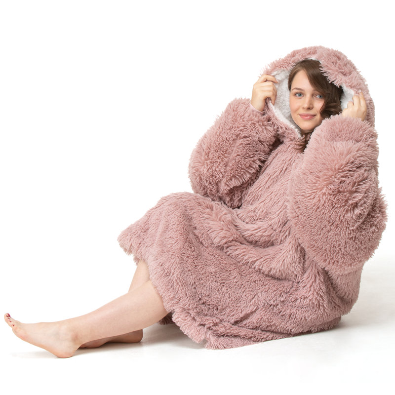 Aatos Velosso Snug Oversize Faux Fur Shaggy Hoodie Blanket Thermal Cosy with Pocket, Pink