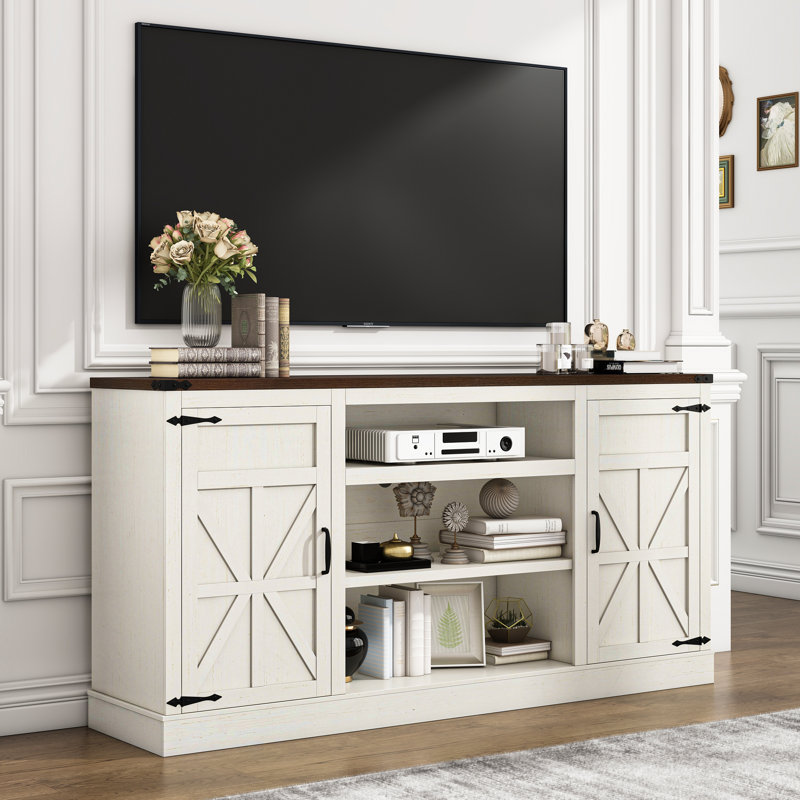 Collings Media Console and TV Stand for TVs up to 75", White/Brown, 33.5”H x 66”L x 15”W