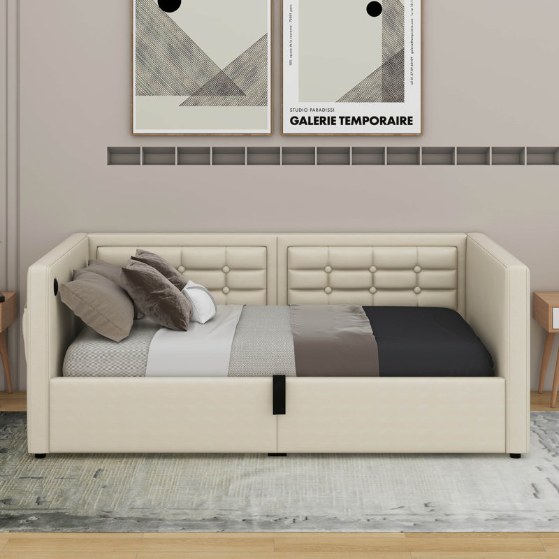 Structure de lit simple avec rangement USB et charge de type C, Beige