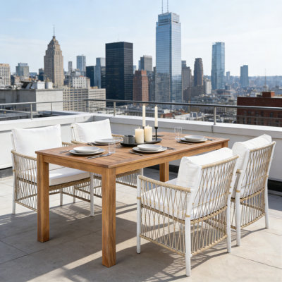 5-Piece Wooden Dining Table Set with 4 Rattan Arm Chairs