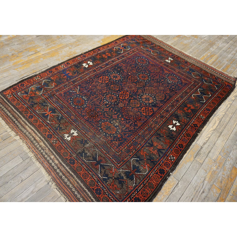 Rectangle Hand Knotted Pile Allover Geometric 1890s Wool Blue Antique Rug