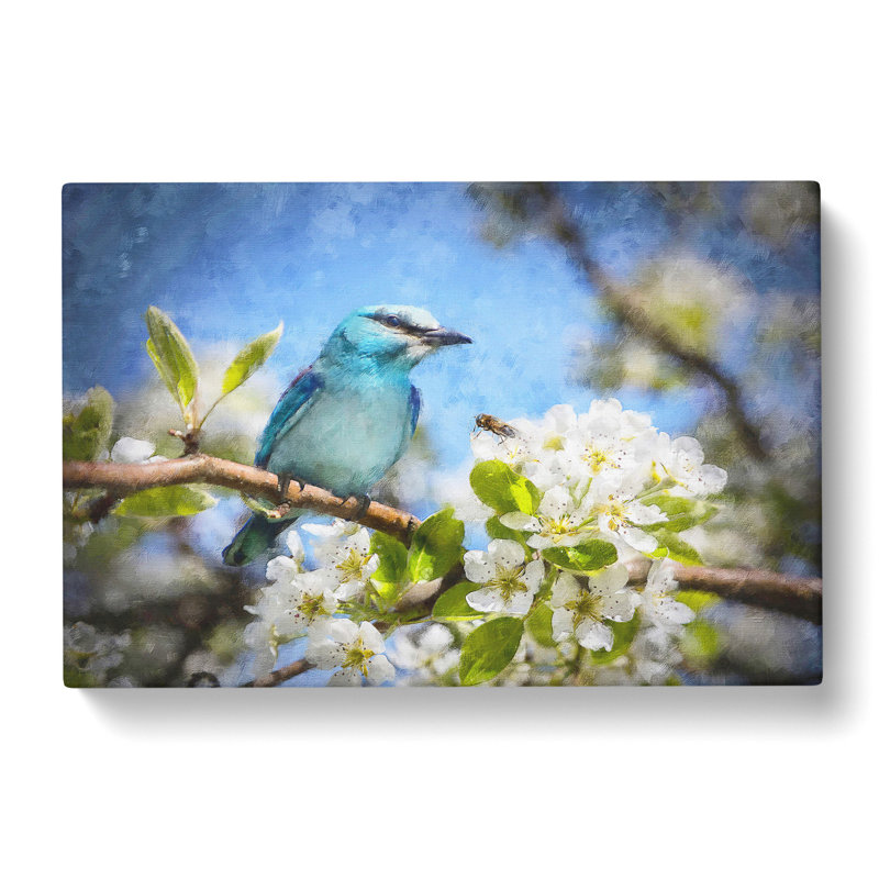 Blue Bird & Cherry Blossom Tree Painting - Wrapped Canvas, 40cm H x 60cm W x 3cm D